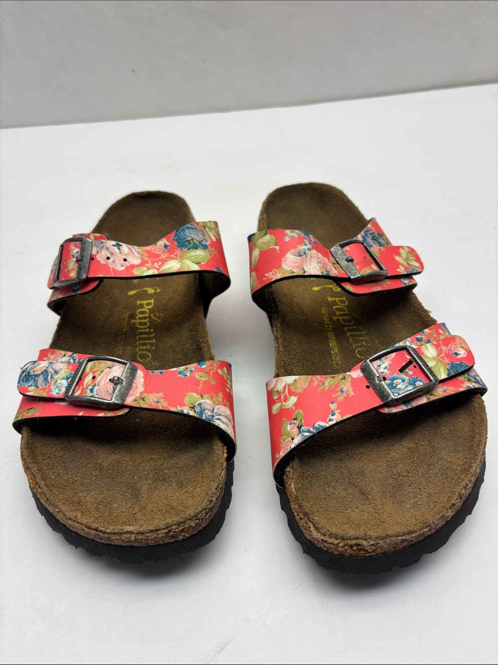 Papillio women’s Floral Double-Buckle Sandals in Coral Pink, SZ 6, box 57